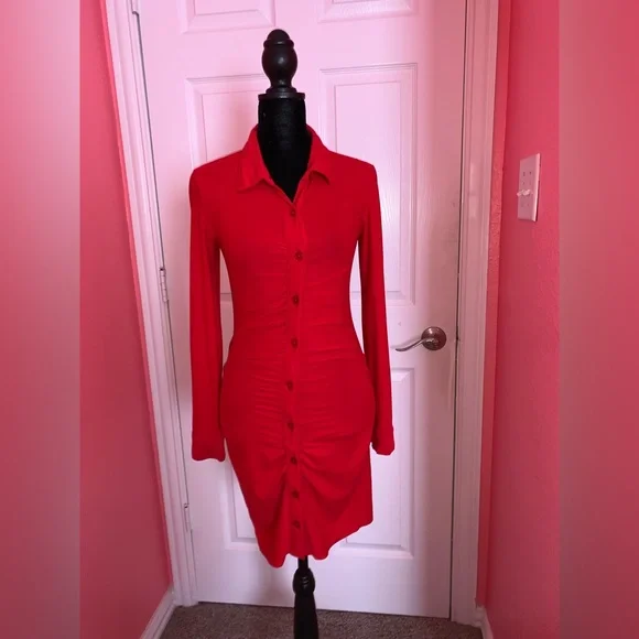 No Boundaries | Dresses | Red Button Down Long Sleeve Ruched Dress |  Poshmark